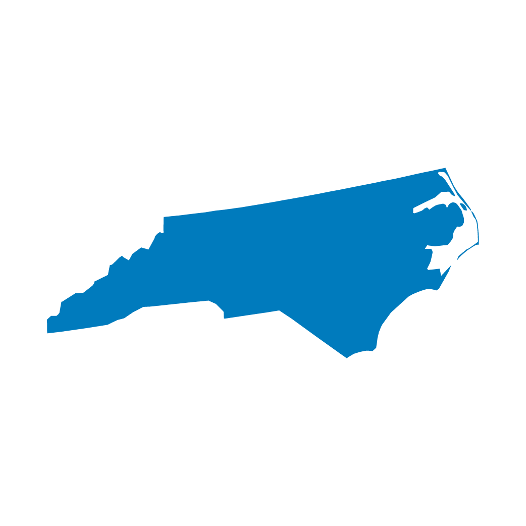 Silhouette of the state of North Carolina colored in blue.