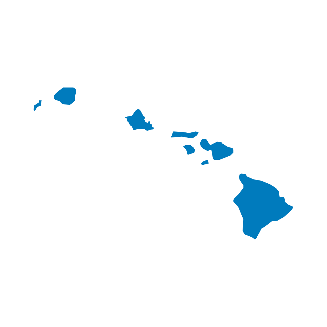 Blue silhouette map of the Hawaiian Islands on a black background.
