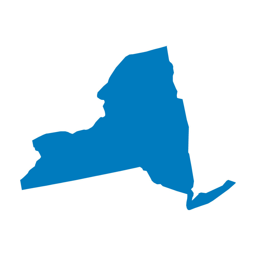 Solid blue silhouette of the state of New York against a white background.