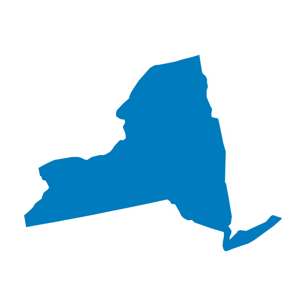 Solid blue silhouette of the state of New York against a white background. Solid blue silhouette of the state of New York against a white background.