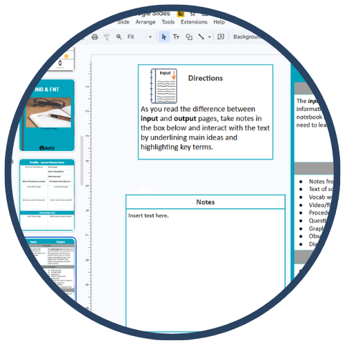 Screenshot of a Google Slides presentation showing a page with directions and a notes section for distinguishing between input and output pages.