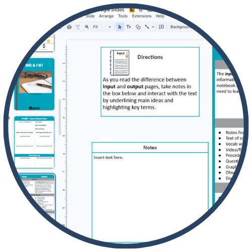 Screenshot of a Google Slides presentation showing a page with directions and a notes section for distinguishing between input and output pages. Screenshot of a Google Slides presentation showing a page with directions and a notes section for distinguishing between input and output pages.