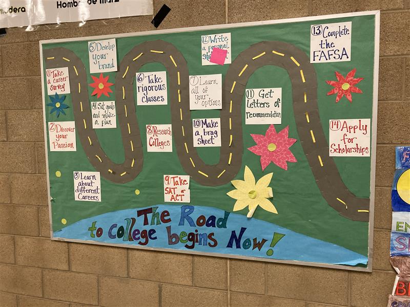 Bulletin board that says, "The Road to College Begins Now." 