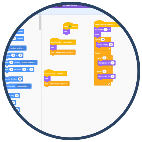 Image of coding blocks in a visual programming interface within a circular frame. The blocks are predominantly orange, blue, and purple.