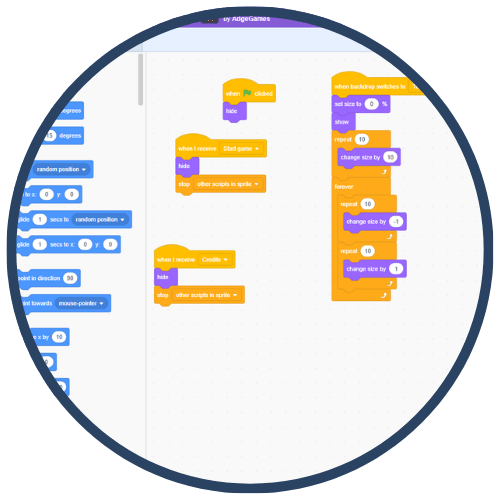 Image of coding blocks in a visual programming interface within a circular frame. The blocks are predominantly orange, blue, and purple. Image of coding blocks in a visual programming interface within a circular frame. The blocks are predominantly orange, blue, and purple.