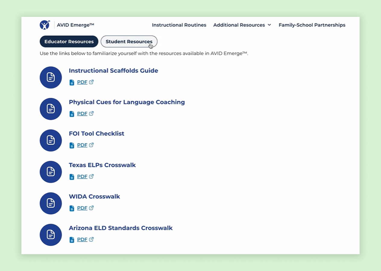 Screenshot of AVID Emerge webpage showing educator and student resources, including instructional guides and checklists available in PDF format.