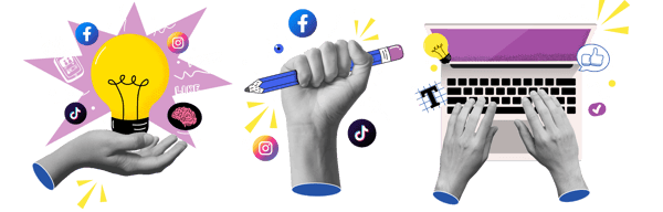 A collage featuring a hand holding a light bulb with social media icons, a hand holding a pencil, and hands typing on a laptop keyboard. A collage featuring a hand holding a light bulb with social media icons, a hand holding a pencil, and hands typing on a laptop keyboard.