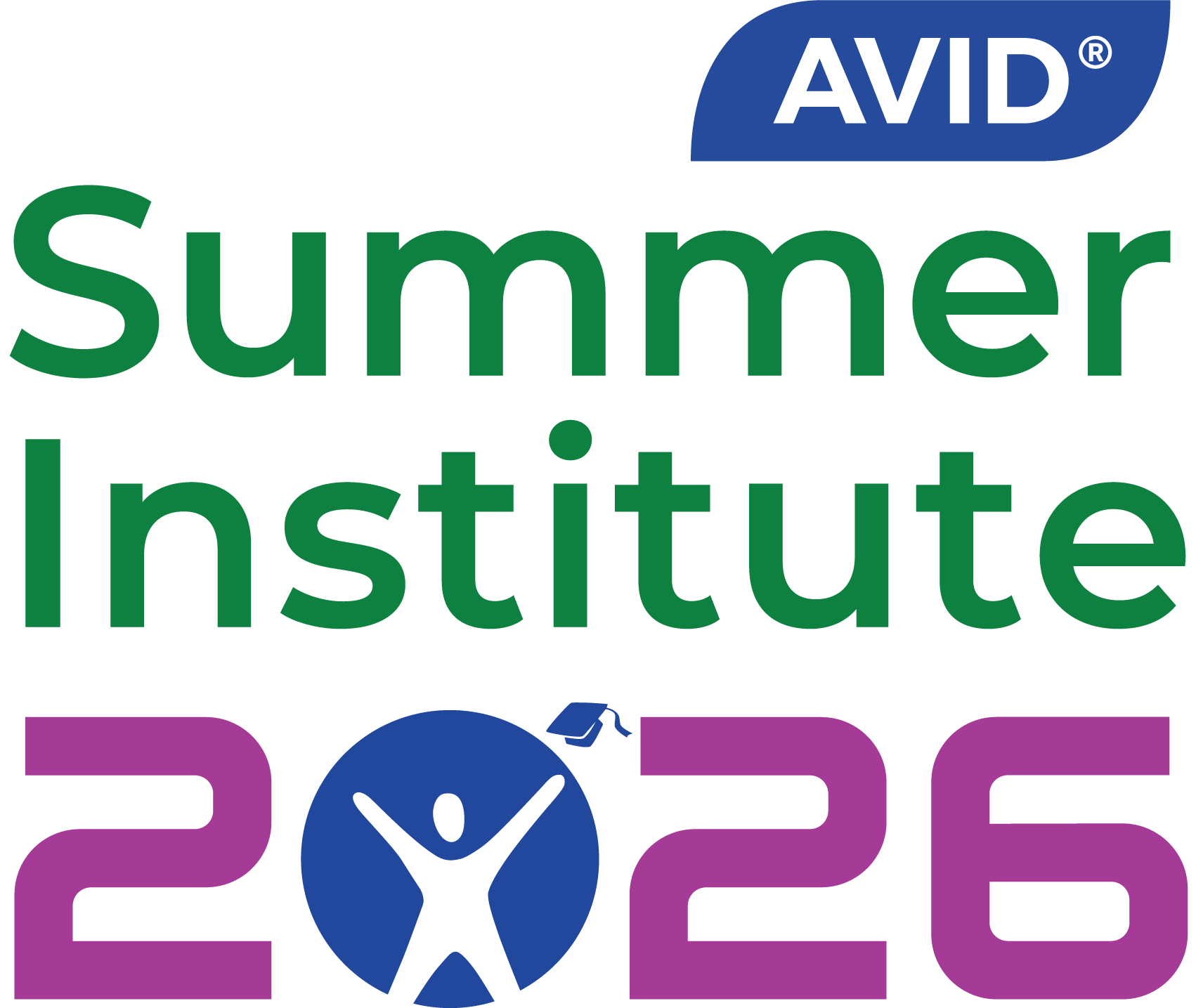 Graphic for AVID Summer Institute 2026, featuring text and a stylized figure in the center