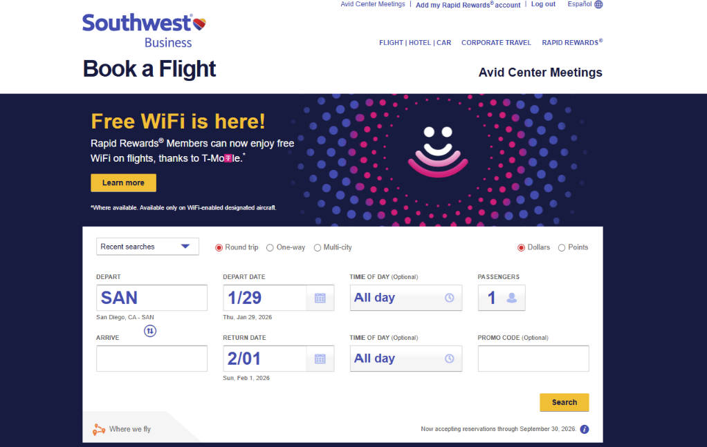 Screenshot of Southwest Business flight booking page with a banner stating free WiFi availability, a flight search form including departure and return details, and a search button.