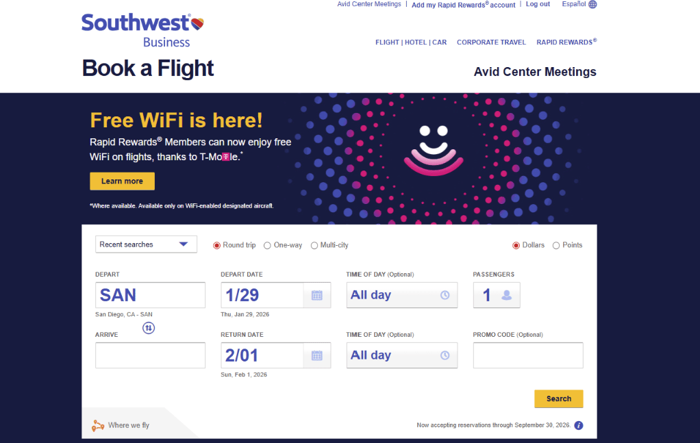 Screenshot of Southwest Business flight booking page with a banner stating free WiFi availability, a flight search form including departure and return details, and a search button. Screenshot of Southwest Business flight booking page with a banner stating free WiFi availability, a flight search form including departure and return details, and a search button.