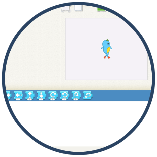 Screenshot containing a blue cartoon character with a green hat and red shoes, surrounded by blue tool buttons at the bottom.