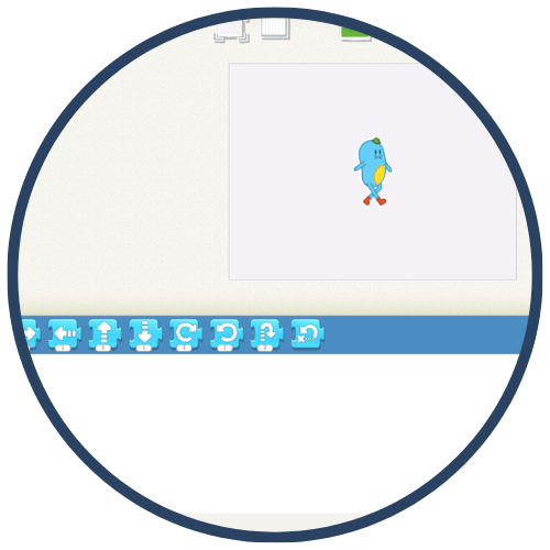Screenshot containing a blue cartoon character with a green hat and red shoes, surrounded by blue tool buttons at the bottom. Screenshot containing a blue cartoon character with a green hat and red shoes, surrounded by blue tool buttons at the bottom.