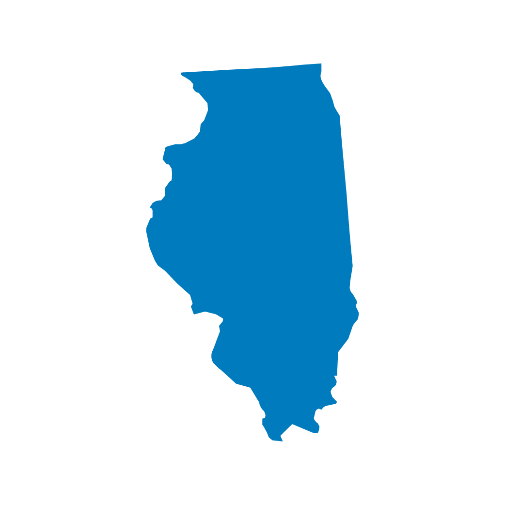 A blue silhouette of the state of Illinois on a black background.