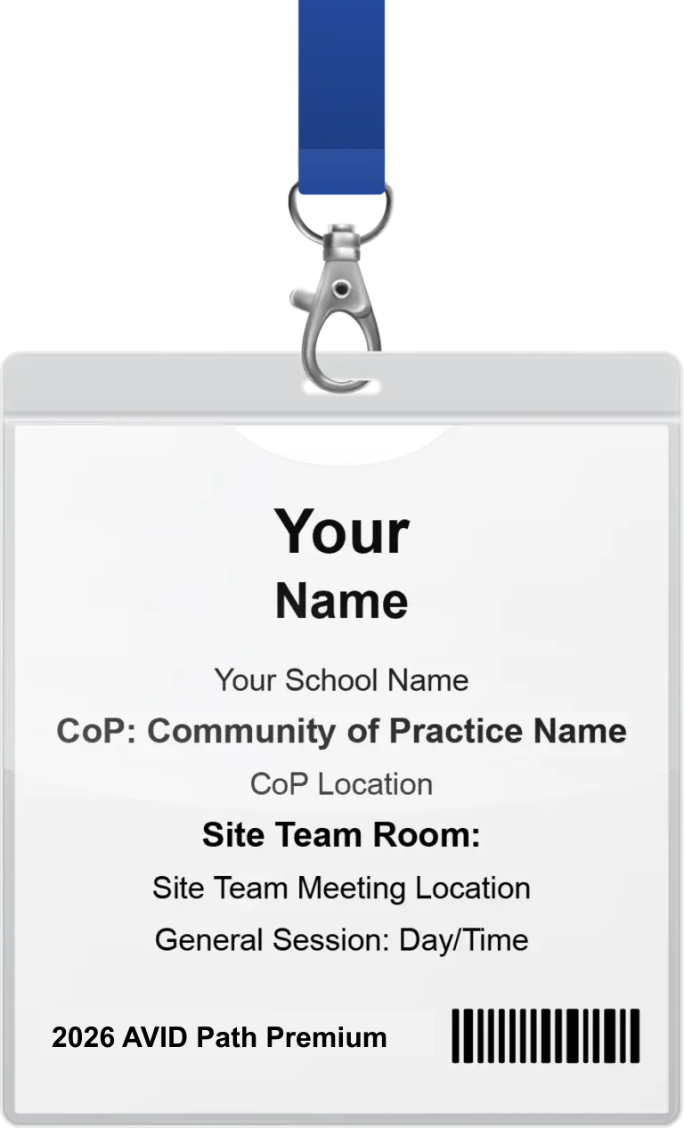 A name badge with a blue lanyard, displaying placeholders for a person's name, school, practice community name, location, site team room, and a barcode.