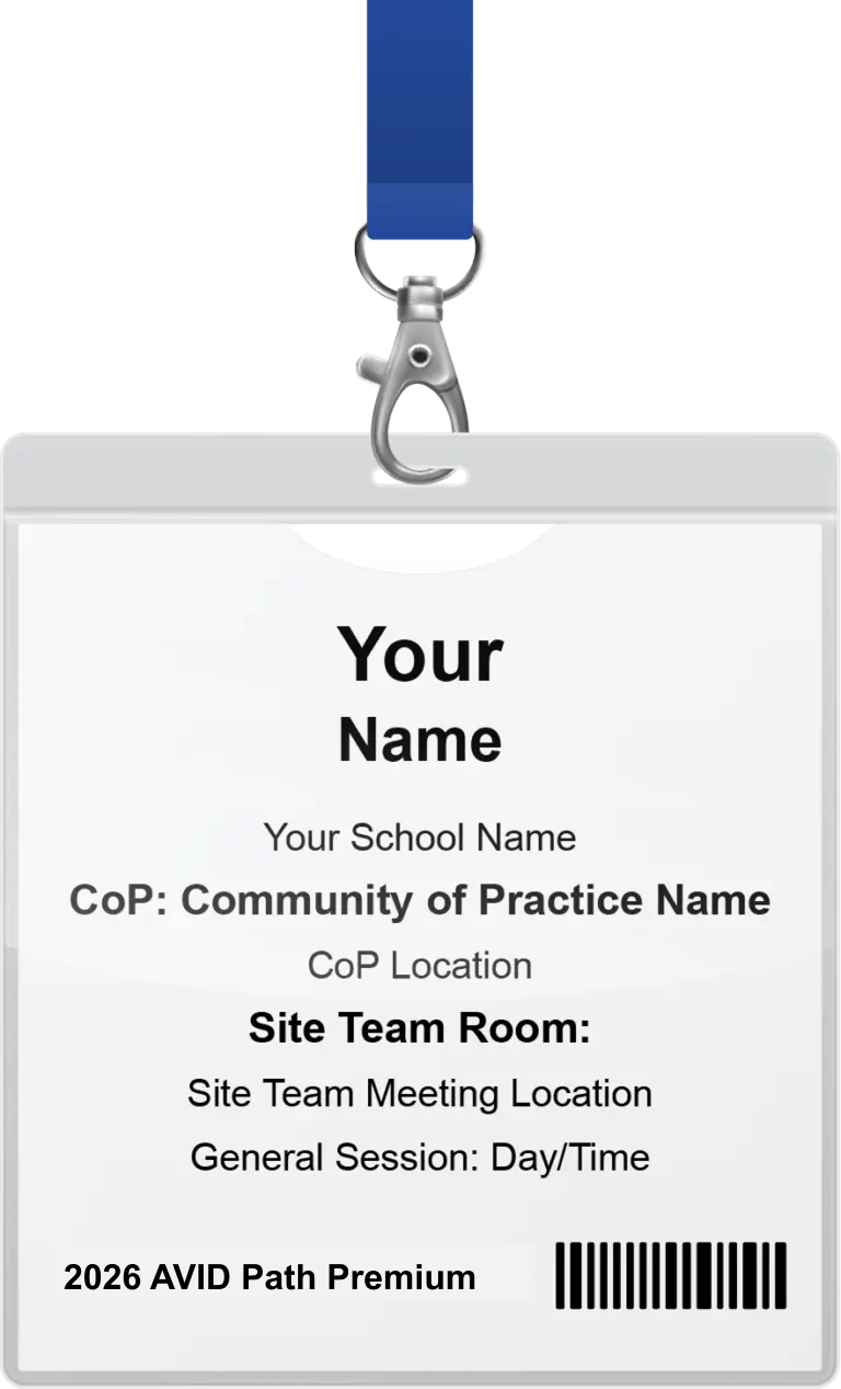 A name badge with a blue lanyard, displaying placeholders for a person's name, school, practice community name, location, site team room, and a barcode. A name badge with a blue lanyard, displaying placeholders for a person's name, school, practice community name, location, site team room, and a barcode.