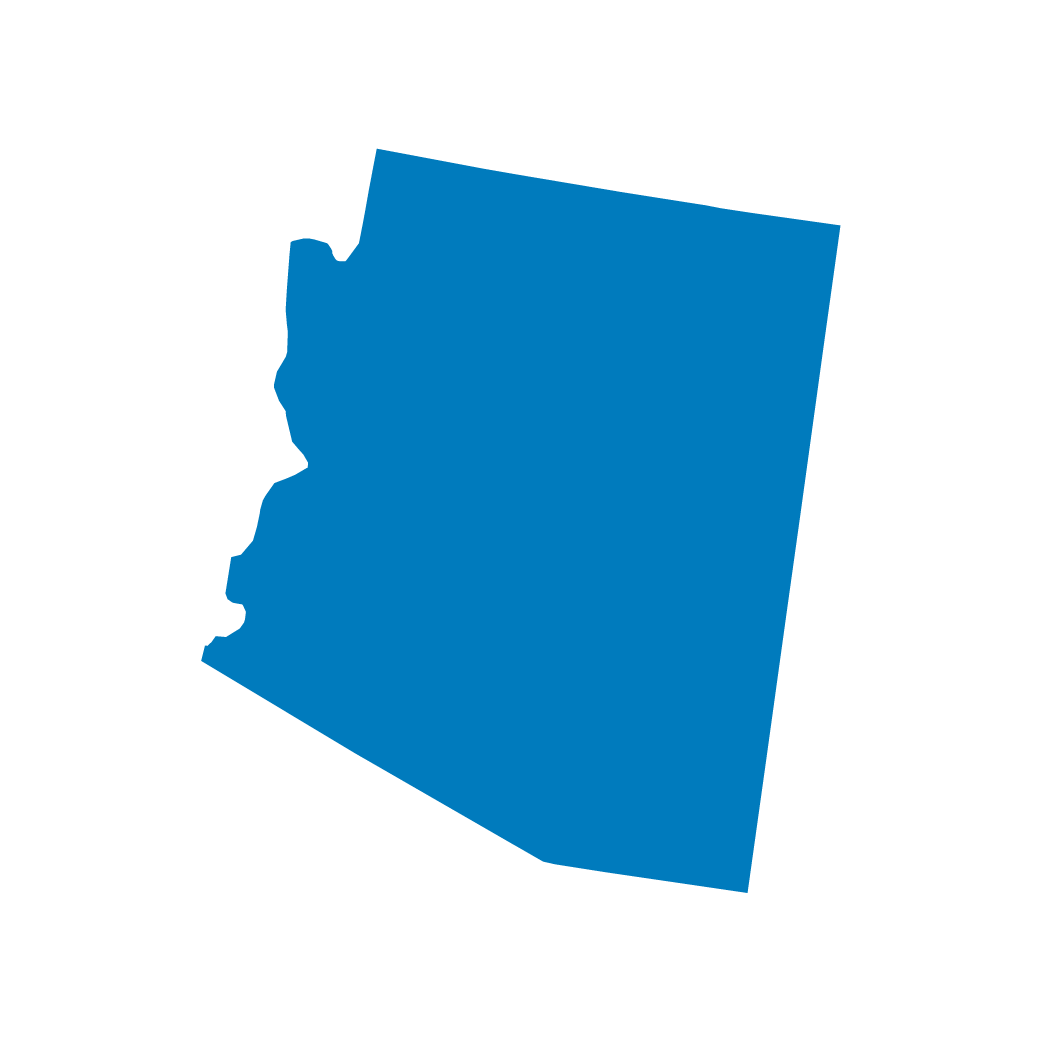 An outline of the state of Arizona filled with a solid blue color. An outline of the state of Arizona filled with a solid blue color.