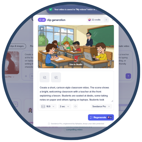 Screenshot of a webpage showing a cartoon-style image of a classroom with students and a teacher. The students are seated at desks using laptops and writing on paper. Below the image is a description of the scene and a call to action to use in the studio.