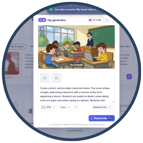 Screenshot of a webpage showing a cartoon-style image of a classroom with students and a teacher. The students are seated at desks using laptops and writing on paper. Below the image is a description of the scene and a call to action to use in the studio. Screenshot of a webpage showing a cartoon-style image of a classroom with students and a teacher. The students are seated at desks using laptops and writing on paper. Below the image is a description of the scene and a call to action to use in the studio.