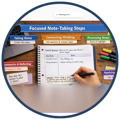 Educational image showcasing the steps of focused note-taking with handwritten notes and highlighted text on a notebook.