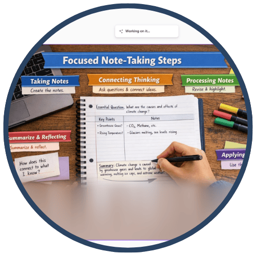 Educational image showcasing the steps of focused note-taking with handwritten notes and highlighted text on a notebook. Educational image showcasing the steps of focused note-taking with handwritten notes and highlighted text on a notebook.