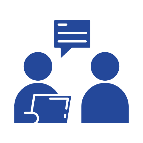 Icon depicting two people engaged in conversation, with one holding a laptop and a speech bubble above.