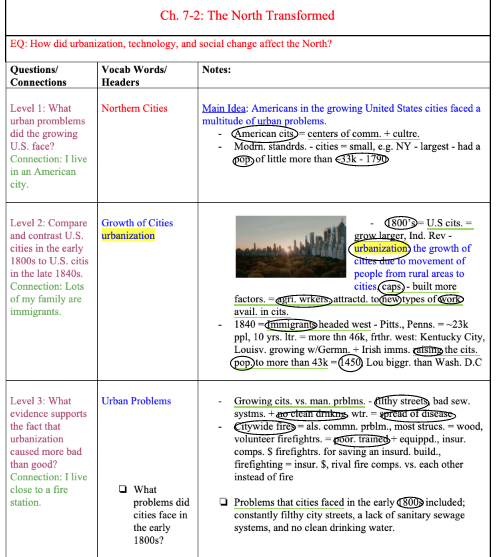 Page from a textbook titled 'Ch. 7-2: The North Transformed' discussing urbanization, technology, and social change in the northern United States. Includes highlighted terms, questions, and notes on urban problems and growth of cities.