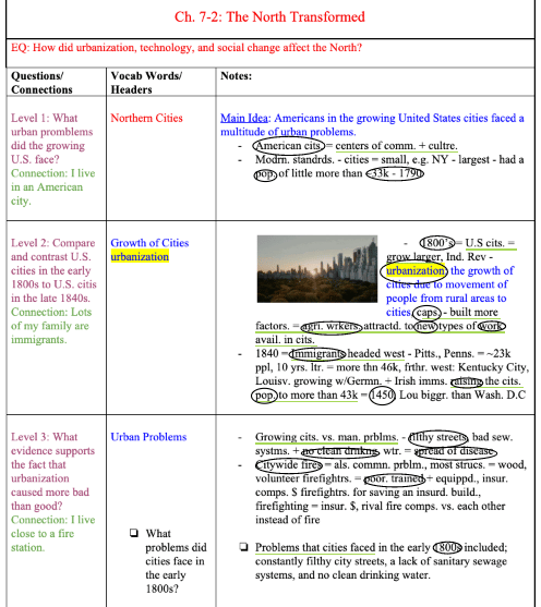 Page from a textbook titled 'Ch. 7-2: The North Transformed' discussing urbanization, technology, and social change in the northern United States. Includes highlighted terms, questions, and notes on urban problems and growth of cities. Page from a textbook titled 'Ch. 7-2: The North Transformed' discussing urbanization, technology, and social change in the northern United States. Includes highlighted terms, questions, and notes on urban problems and growth of cities.