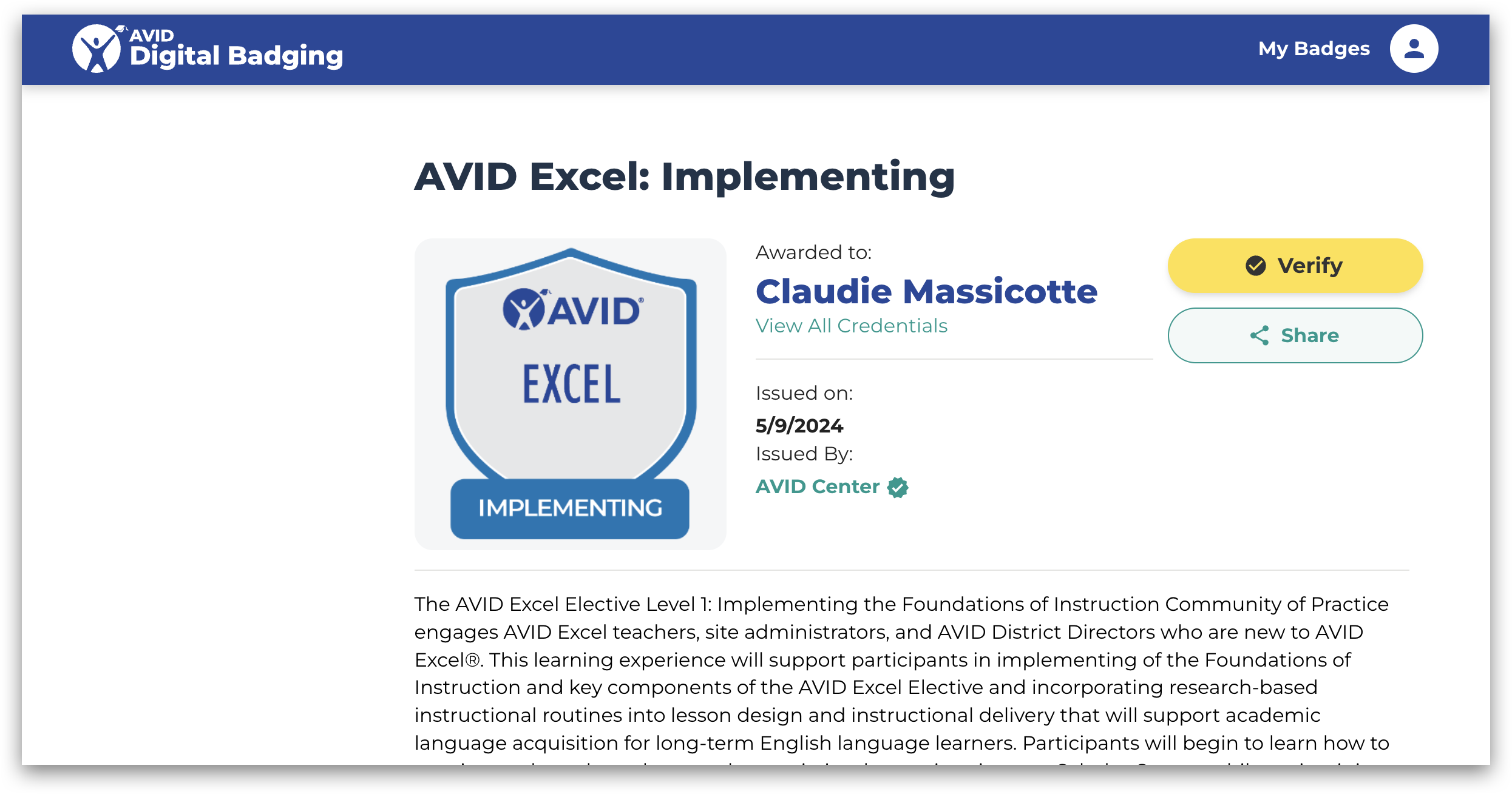 Screenshot of a digital badge for AVID Excel: Implementing awarded to Claudie Massicotte. The badge includes the AVID logo, issuance date, and issuer details.