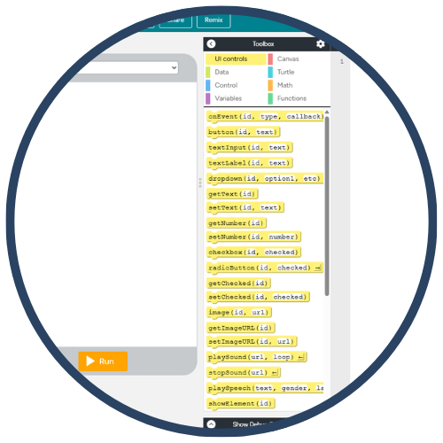 A circular cropped image of a computer interface showing a coding toolbox with various functions and controls listed.