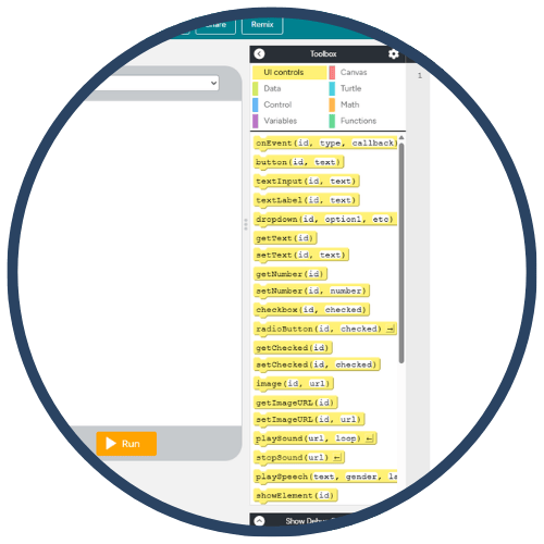 A circular cropped image of a computer interface showing a coding toolbox with various functions and controls listed. A circular cropped image of a computer interface showing a coding toolbox with various functions and controls listed.