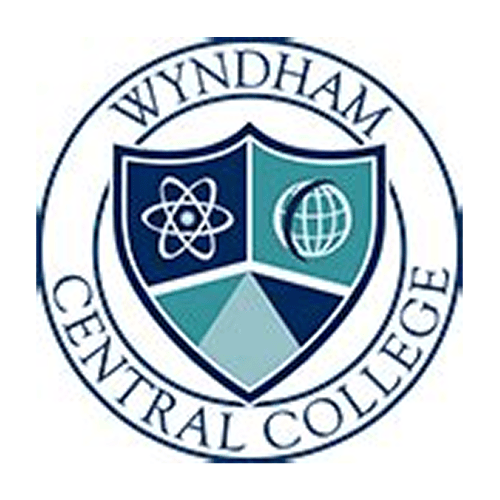 Logo of Wyndham Central College featuring a shield with scientific symbols and a globe, surrounded by a blue circular text. Logo of Wyndham Central College featuring a shield with scientific symbols and a globe, surrounded by a blue circular text.