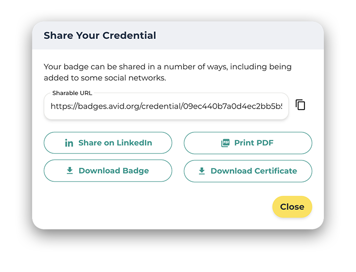 A sharing interface for a digital credential badge, displaying options for sharing via LinkedIn, printing as PDF, downloading the badge, and downloading the certificate, along with a sharable URL.