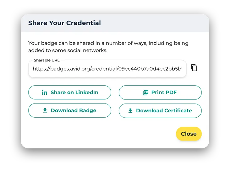 A sharing interface for a digital credential badge, displaying options for sharing via LinkedIn, printing as PDF, downloading the badge, and downloading the certificate, along with a sharable URL. A sharing interface for a digital credential badge, displaying options for sharing via LinkedIn, printing as PDF, downloading the badge, and downloading the certificate, along with a sharable URL.