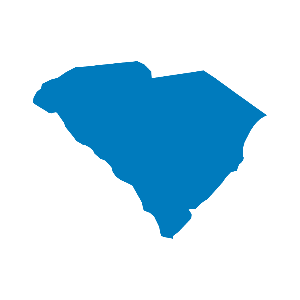 A blue silhouette map of the state of South Carolina.