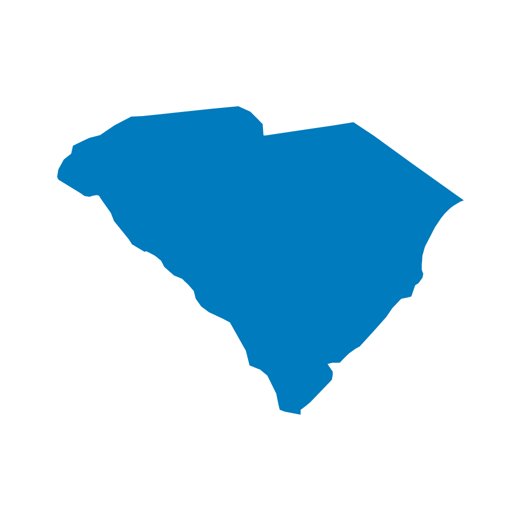 A blue silhouette map of the state of South Carolina. A blue silhouette map of the state of South Carolina.