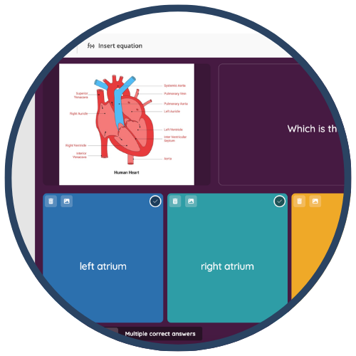 A digital educational interface showing a diagram of the human heart with labeled parts and quiz options for identification.