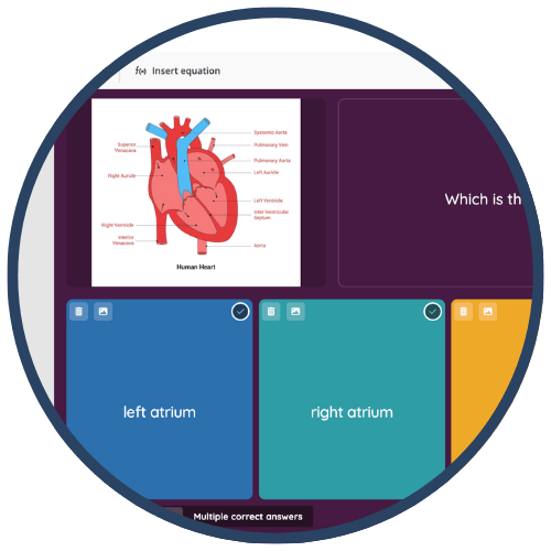 A digital educational interface showing a diagram of the human heart with labeled parts and quiz options for identification. A digital educational interface showing a diagram of the human heart with labeled parts and quiz options for identification.
