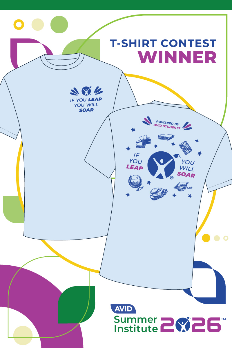 Illustration depicting a light blue T-shirt with motivational text and graphics, displayed against an abstract background with geometric shapes and text announcing 'T-SHIRT CONTEST WINNER' and 'AVID Summer Institute 2026'.