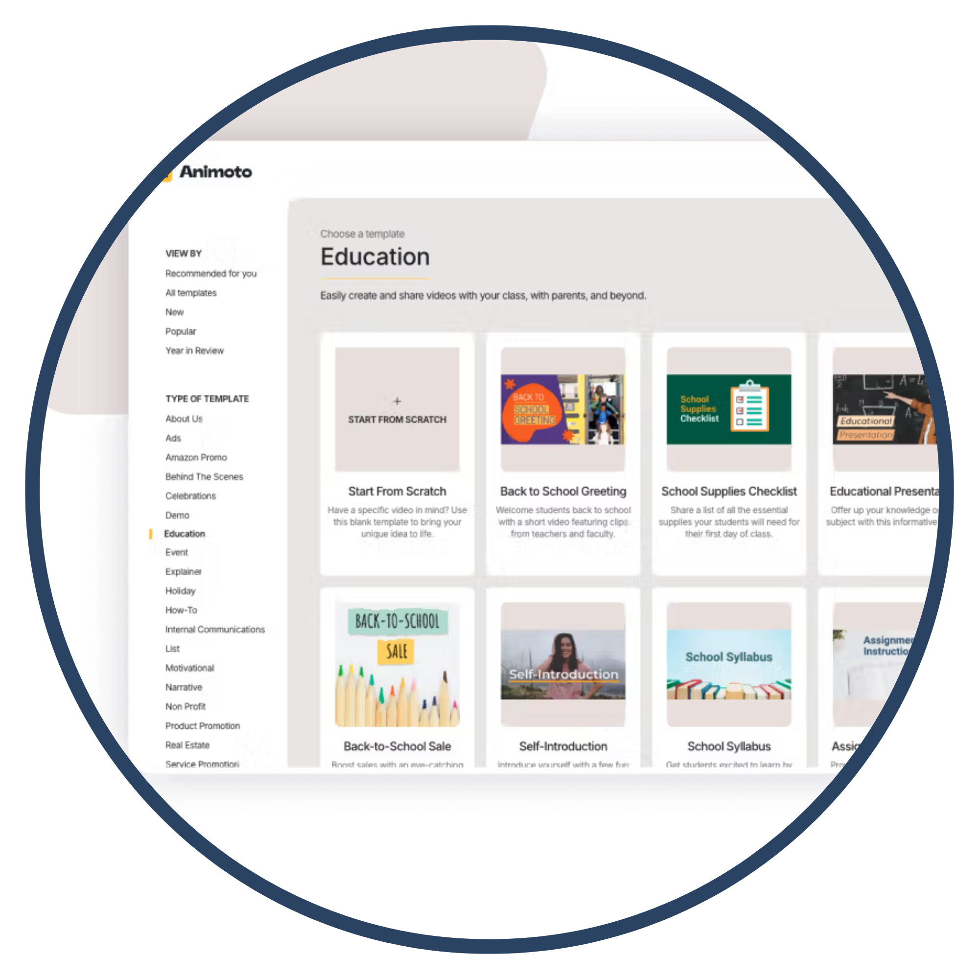 Screenshot of Animoto's website featuring educational video templates.