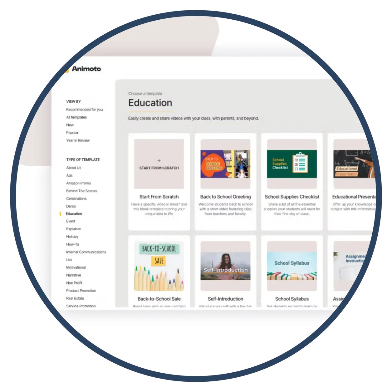 Screenshot of Animoto's website featuring educational video templates. Screenshot of Animoto's website featuring educational video templates.