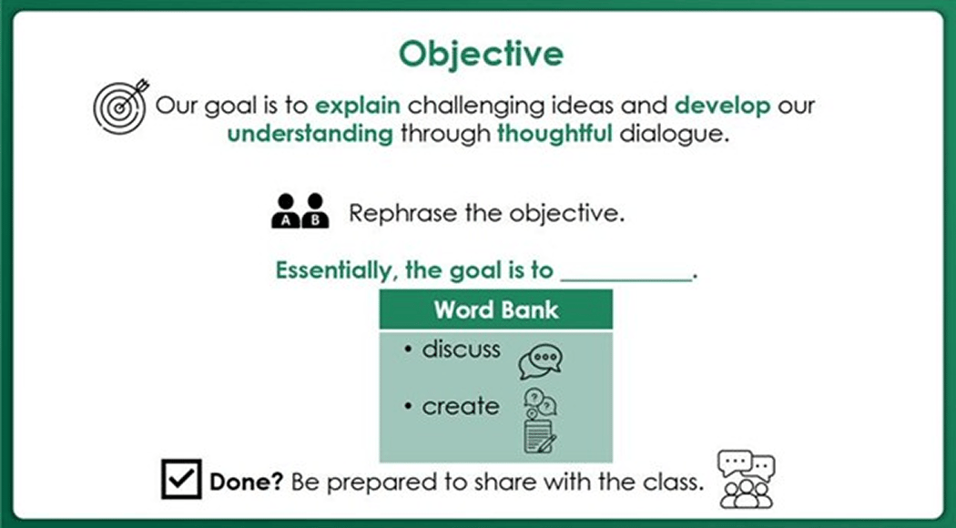 Educational text explaining the importance of preparing for the future with bolded and green words for emphasis. Icons below pose questions regarding the selection of highlighted words. Educational text explaining the importance of preparing for the future with bolded and green words for emphasis. Icons below pose questions regarding the selection of highlighted words.