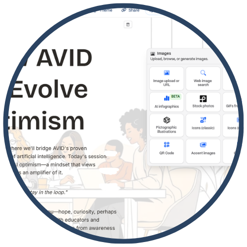 Screenshot displaying a section of a webpage with the title 'Evolve Optimism' and illustrations of people working together at a table. An overlay dialog box is open, showing image upload options.