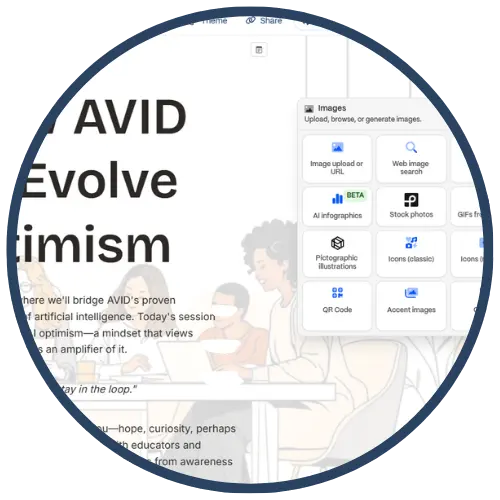 Screenshot displaying a section of a webpage with the title 'Evolve Optimism' and illustrations of people working together at a table. An overlay dialog box is open, showing image upload options. Screenshot displaying a section of a webpage with the title 'Evolve Optimism' and illustrations of people working together at a table. An overlay dialog box is open, showing image upload options.