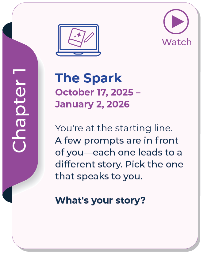 Chapter 1 card titled 'The Spark' with text about starting line and prompts in front. Includes dates, an icon of a laptop with a notebook, and 'Watch' button.