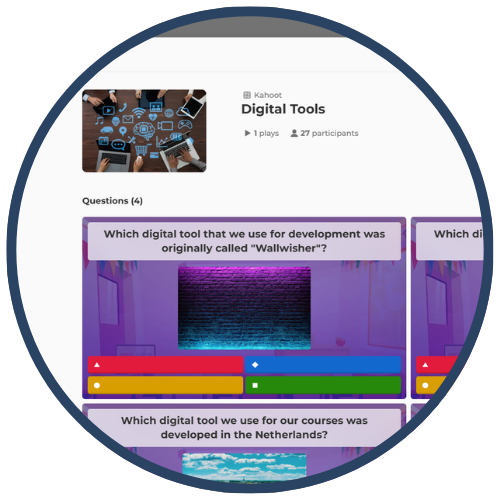 Screenshot of a Kahoot quiz titled 'Digital Tools' with questions about digital tools and their origins.