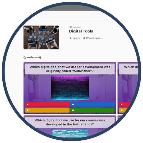 Screenshot of a Kahoot quiz titled 'Digital Tools' with questions about digital tools and their origins. Screenshot of a Kahoot quiz titled 'Digital Tools' with questions about digital tools and their origins.