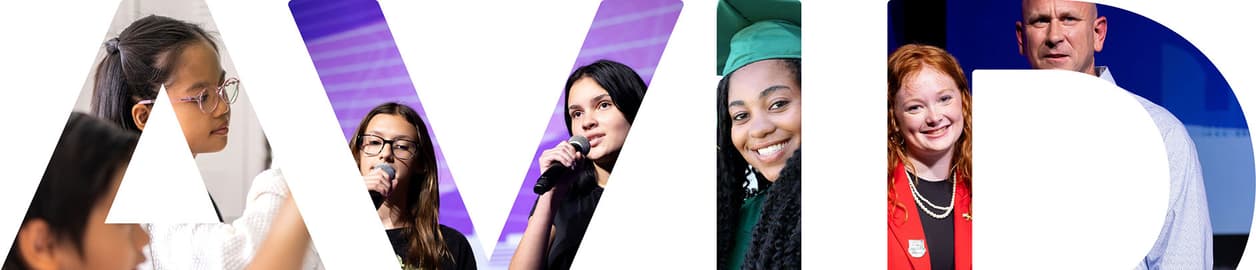 AVID logo with diverse individuals in various poses and settings AVID logo with diverse individuals in various poses and settings