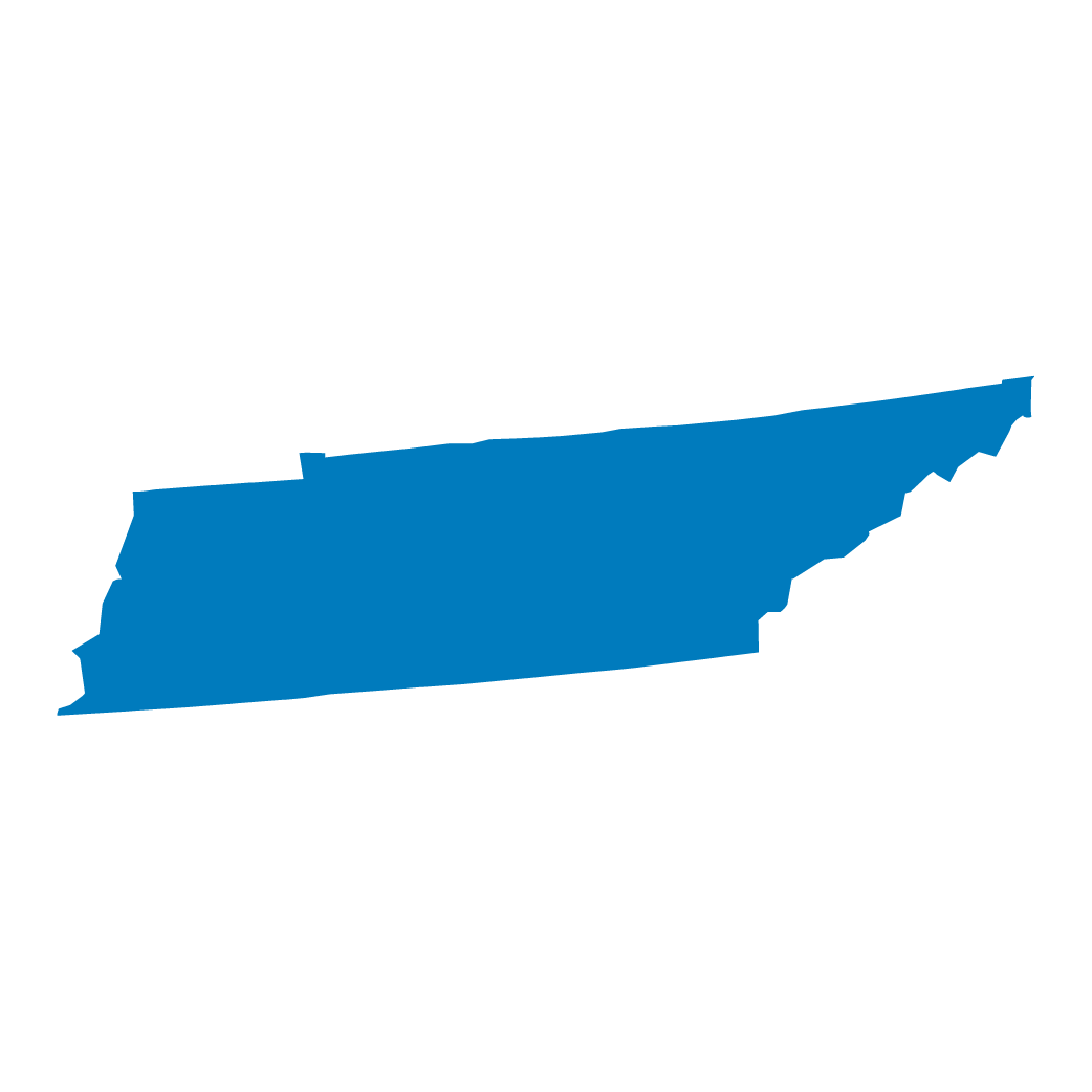 Blue silhouette of the state of Tennessee on a black background.