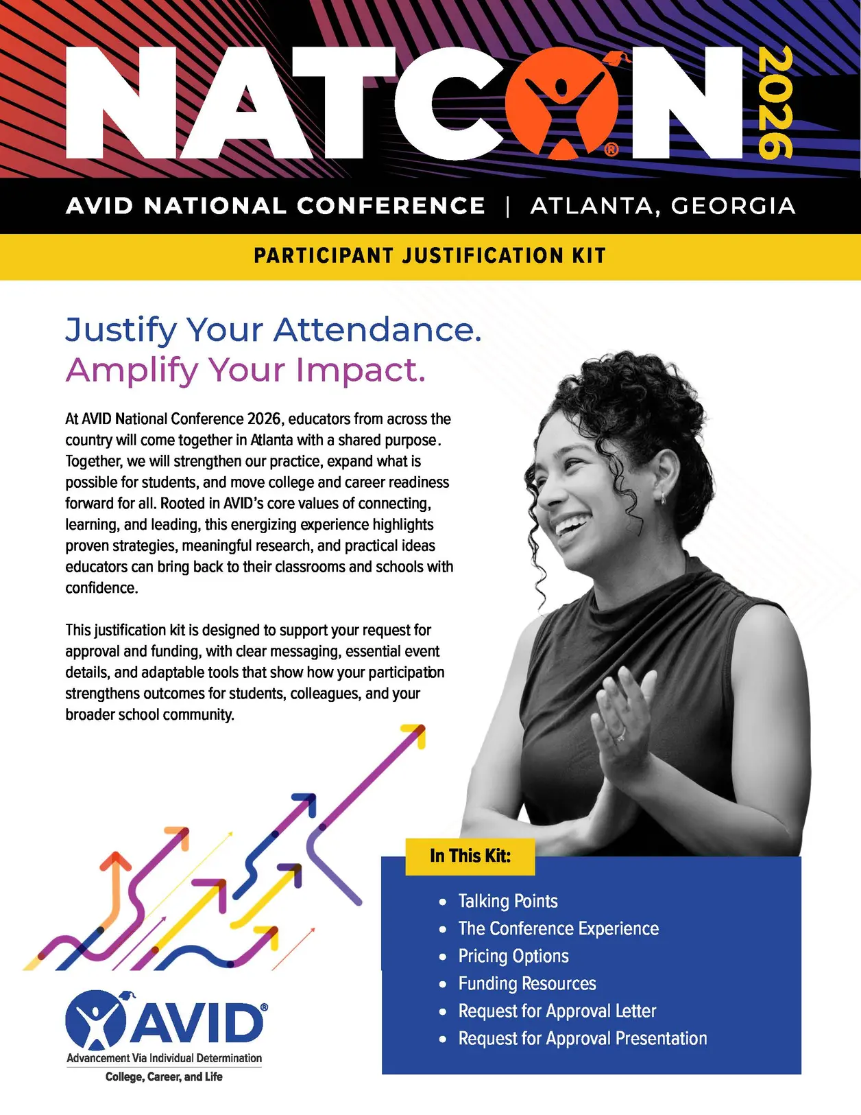 Promotional flyer for the AVID National Conference 2026 in Atlanta, Georgia. The flyer includes a justification kit for participants, featuring sections on talking points, the conference experience, pricing options, funding resources, and request for approval tools. The design includes colorful graphics, text, and a monochrome image of a smiling person with curly hair on the right side. Promotional flyer for the AVID National Conference 2026 in Atlanta, Georgia. The flyer includes a justification kit for participants, featuring sections on talking points, the conference experience, pricing options, funding resources, and request for approval tools. The design includes colorful graphics, text, and a monochrome image of a smiling person with curly hair on the right side.