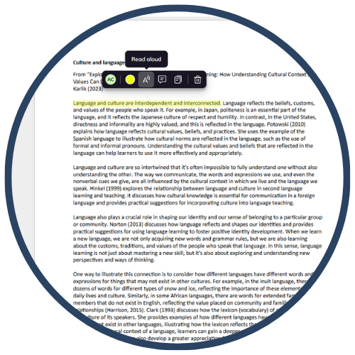 A screenshot of a document discussing the interdependence and interconnectedness of language and culture. The highlighted text and editing toolbar are visible.